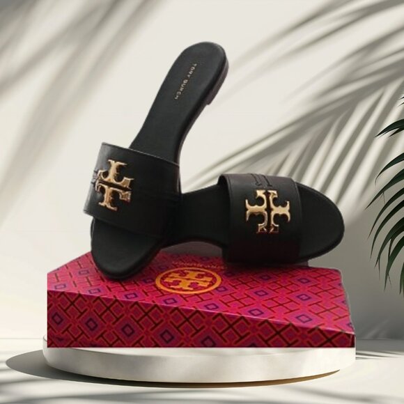 TORY BURCH EVERLY BLACK LEATHER HARDWARE LOGO W/BOX DUSTBAG SANDALS SLIDES 8 - Picture 9 of 9